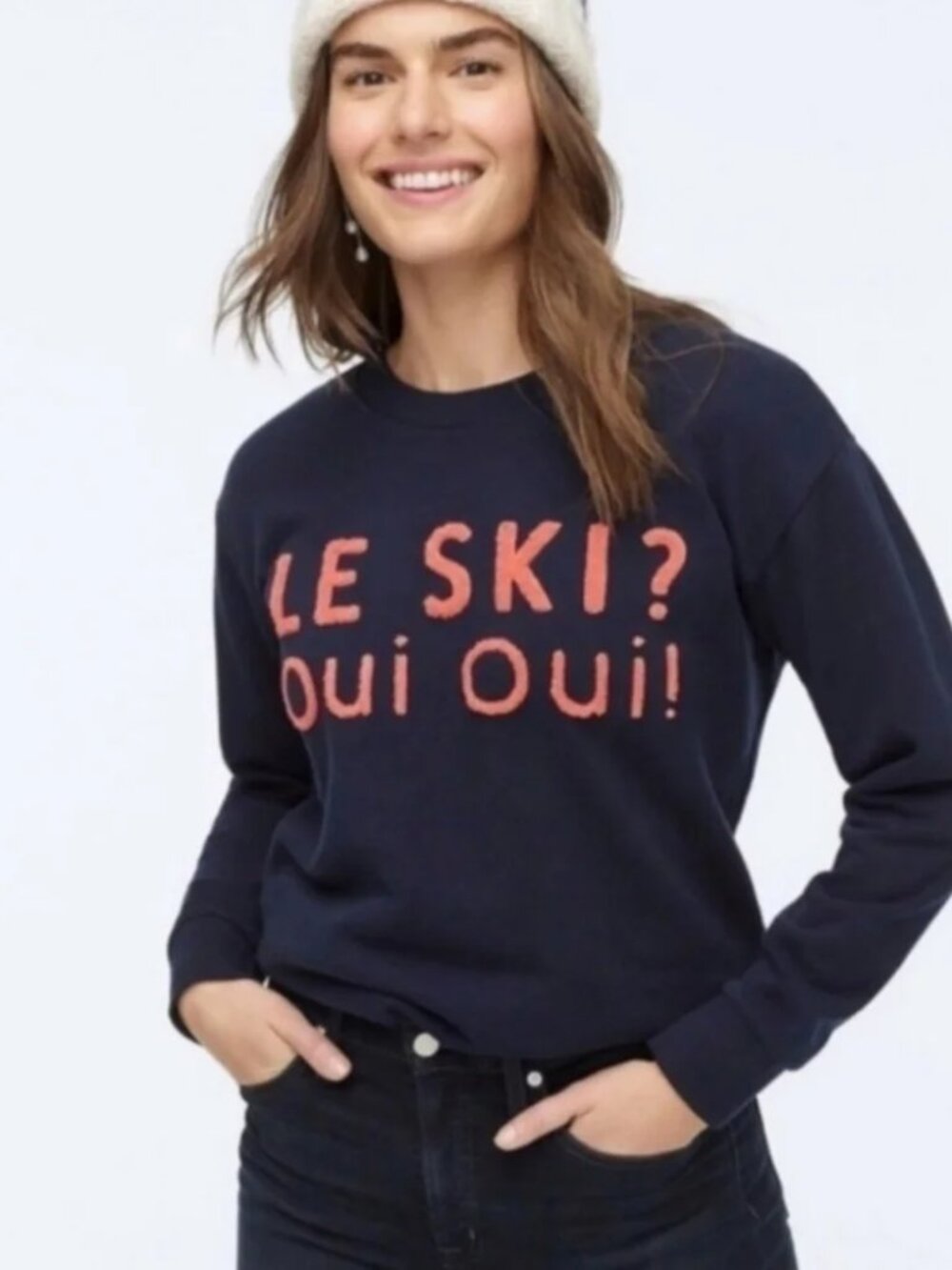 😎 J. CREW 😎  'LE SKI? OUI OUI' Chenille Embroidered Sweatshirt - [3XL, Blue]